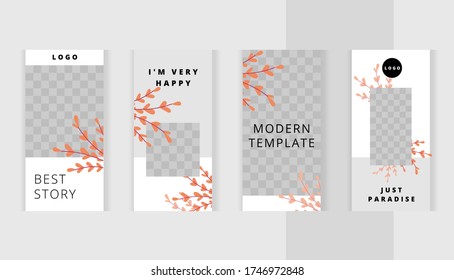 Orange branches of plants template. Trendy editable set for design of social networks, instagram story and print with frame for images.