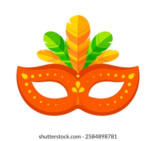 Orange Brazilian carnival mask with colorful feathers, festive decorative elements. Mardi Gras, festival, party, celebration, costume concept. Flat vector illustration isolated on white background