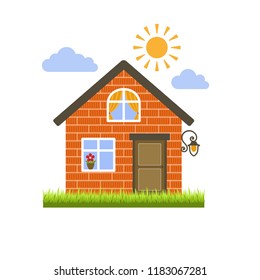 Orange brick house on the grass. One floor and an attic. A brown door and windows with yellow curtains and a red flower. Sunny day. Flat style. Isolated object on white background. Vector clip art.