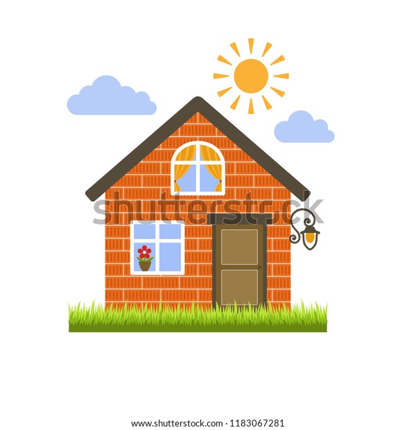 Orange brick house on the grass. One floor and an\
attic. A brown door and windows with yellow curtains and a red\
flower. Sunny day. Flat style. Isolated object on white background.\
Vector clip art.