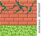 Orange brick texture pixel art. Vector picture. Walls and grass.
