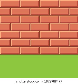 Orange brick texture pixel art. Vector picture. Walls and grass.