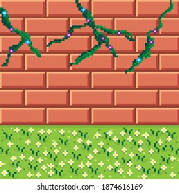 Orange brick texture pixel art. Vector picture. Walls and grass.