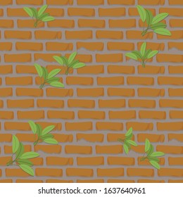 Orange brick wall  with cement construction with green leaves clay stones background vector seamless pattern.