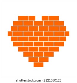 Orange brick wall in a shape of heart. Vector illustration isolated on white background.