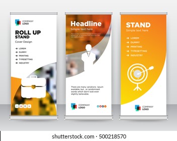 Orange Briefcase Person Target Abstract Modern Exhibition Advertising Trend Business Roll Up Banner Stand Poster Brochure flat design template creative concept. Presentation. Cover. Stock vector. EPS