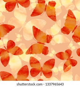 Orange bright butterflies. Floral Seamless Pattern with  Flying Butterflies. Watercolor Nature Background for Fabric, Wallpaper, Invitations ,textiles, packaging, scarves . Eps10 Vector

