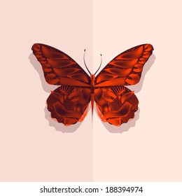 Orange bright butterfly in a paper card. Vector 