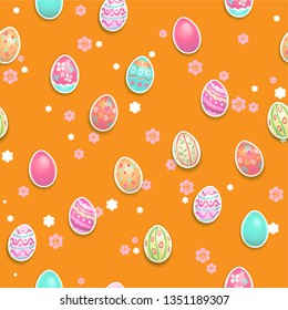 Orange bright festive background. Easter holiday seamless pattern for design card, banner, ticket, leaflet, poster, wallpaper and so on. Happy Easter painted eggs.