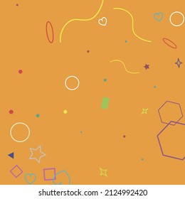 Orange Bright Square Pastel Violet Wave Stars Hipster Background. Circle Green Blue Zigzag Polygonal Yellow Colorful Geometry Illustration. Pink Oval Ring Red Rectangle Simple Hearts Design Pic.