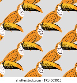 Orange bright toucan shapes seamless pattern in hand drawn style. Light grey background. Flat vector print for textile, fabric, giftwrap, wallpapers. Endless illustration.