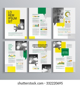 Orange brochure template design with yellow, green and white text bubbles. Cover layout and infographics