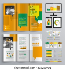 Orange brochure template design with yellow, green and white text bubbles. Cover layout and infographics