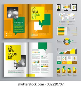 Diseño de Plantilla de folleto naranja con burbujas de texto amarillas, verdes y blancas. Diseño de portada e infografías