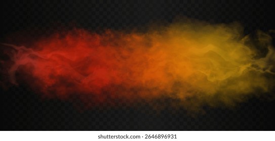 Laranja, bronze, fogo, âmbar, vermelho e gengibre nuvens coloridas com ondas de fumaça curvas e curvas e anéis. Névoa vibrante e realista de vetor isolada no fundo escuro semi transparente.