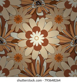 Orange, brown and beige background with flowers pattern. Vector floral seamless pattern.