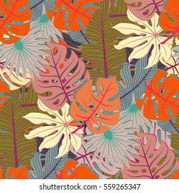 orange, brown and blue palm tree foliage. Tropical palm leaves, jungle leaves seamless vector floral pattern, trendy hipster abstract background