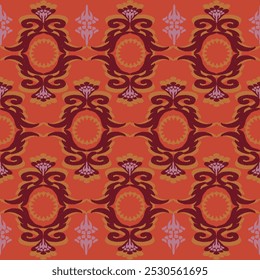 Orange and brown broidery, motif ethnic ikat seamless textile illustration, print striped ornament, pattern, design for wrapping, silk, scarf, clothing, background, textile, carpets, curtains.