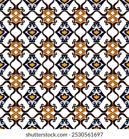 Orange and brown broidery, motif ethnic ikat seamless textile illustration, print striped ornament, pattern, design for wrapping, silk, scarf, clothing, background, textile, carpets, curtains.