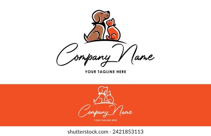 Orange and Brown Color Cat Dog Sit Logo Design