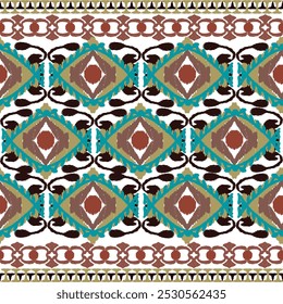 Orange, brown, green embroidery, motif ethnic ikat seamless textile illustration, print striped ornament, pattern, design for wrapping, silk, scarf, clothing, background, textile, carpets, curtains.