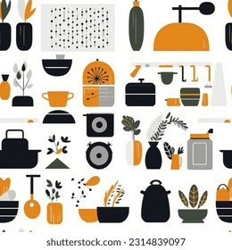 Orange Brown Grey and Black Kitchen Gadgets and Plants: Abstract Scandinavian Design Seamless Pattern
