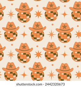 Orange and Brown Groovy Cowgirl hat on Disco balls seamless pattern. For fabric, textile and wrapping paper 