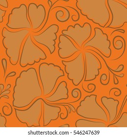 Orange and brown Hibiscus seamless background. Aloha hawaiian shirt vector seamless pattern.