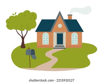 An orange or brown house with a dark blue roof, with a road and a mailbox. Vector flat illustration.
