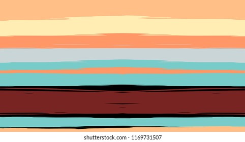 Orange, Brown Lines Seamless Summer Pattern, Vector Watercolor Sailor Stripes. Horizontal Brushstrokes Vintage Trace Grunge Textile Clothe Design. Brush Painted Cool Trace, Geometric Autumn Print