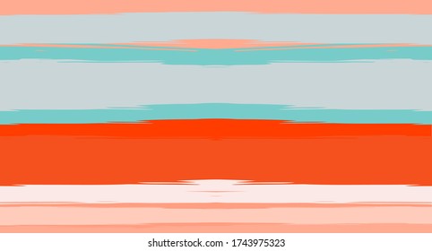 Orange, Brown Lines Seamless Summer Pattern, Vector Watercolor Sailor Stripes. Horizontal Brushstrokes Trace Vintage Grunge Textile Clothe Design. Brush Painted Ink Trace, Geometric Autumn Print