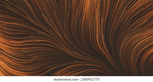 Orange and Brown Moving, Flowing Stream of Particles in Curving, Wavy Lines - Digitally Generated Futuristic Abstract 3D Geometric Striped Background Design, Generative Art in Editable Vector Format