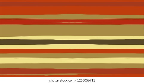 Orange, Brown Nice Seamless Summer Pattern, Vector Watercolor Sailor Stripes. Horizontal Brushstrokes Retro Vintage Grunge Fabric Fashion Design. Brush Painted Ink Trace, Geometric Autumn Print