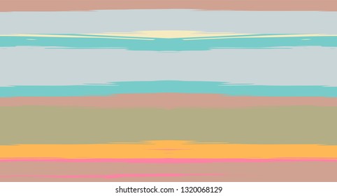 Orange, Brown Nice Seamless Summer Pattern, Vector Watercolor Sailor Stripes. Horizontal Brushstrokes Retro Vintage Hipster Textile Fashion Design. Ink Painted Doodle Lines, Geometric Track Prints