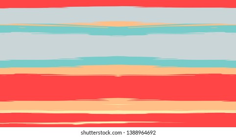 Orange, Brown Nice Seamless Summer Pattern, Vector Watercolor Sailor Stripes. Vintage Trace Grunge Textile Fabric Design Horizontal Brushstrokes. Hand Painted Ink Lines, Geometric Track Prints