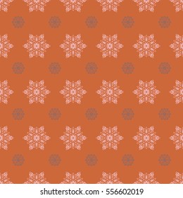 Orange, brown and pink snowflakes pattern. Cute vector seamless pattern with snowflakes.