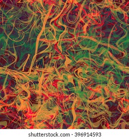 Orange, brown, red and green. Wavy lines twisted into a spiral. Abstract seamless background. Easy editable pattern. Vector.