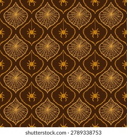 Orange brown spider web Halloween seamless pattern, damask background for fabric, textile, wallpaper, apparel, wrapping