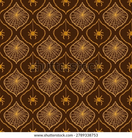 Orange brown spider web Halloween seamless pattern, damask background for fabric, textile, wallpaper, apparel, wrapping