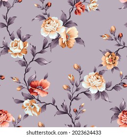 orange and brown vector flowers with grey leaves pattern on background