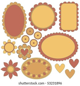 Orange and brown vector labels, flowers and hearts