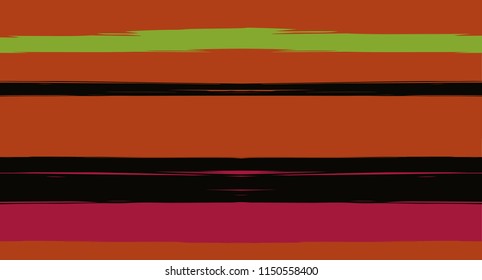 Orange, Brown Vector Watercolor Sailor Stripes Nice Seamless Summer Pattern. Retro Vintage Grunge Fabric Fashion Design Horizontal Brushstrokes. Simple Painted Ink Trace, Geometric Autumn Print