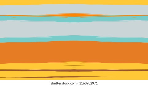 Orange, Brown Vector Watercolor Sailor Stripes Funky Seamless Summer Pattern. Horizontal Brushstrokes Vintage Trace Grunge Textile Clothe Design. Ink Painted Doodle Trace, Geometric Track Prints