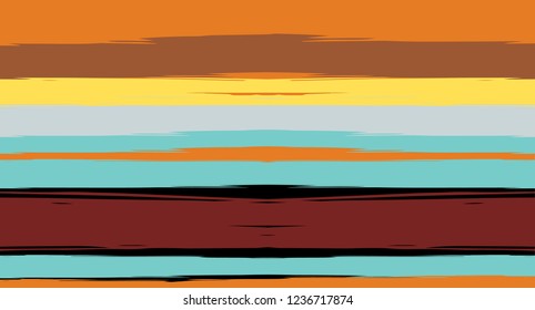 Orange, Brown Vector Watercolor Sailor Stripes Drawn Seamless Summer Pattern. Horizontal Brushstrokes Retro Vintage Grunge Textile Fashion Design. Brush Painted Cool Trace, Geometric Autumn Print