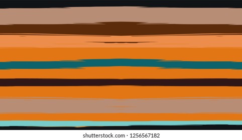 Orange, Brown Vector Watercolor Sailor Stripes Trendy Seamless Summer Pattern. Horizontal Brushstrokes Trace Vintage Grunge Textile Clothe Design. Ink Painted Trendy Trace, Geometric Uneven Print