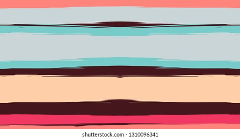 Orange, Brown Vector Watercolor Sailor Stripes Nice Seamless Summer Pattern. Vintage Retro Grunge Fabric Fashion Design Horizontal Brushstrokes. Hand Painted Ink Trace, Male or Female Clothing