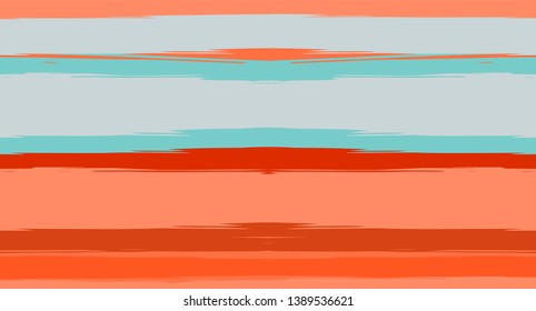 Orange, Brown Vector Watercolor Sailor Stripes Nice Seamless Summer Pattern. Retro Vintage Grunge Fabric Fashion Design Horizontal Brushstrokes. Brush Painted Ink Trace, Geometric Autumn Print