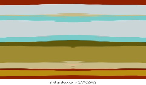 Naranja, Vector Marrón Watercolor Sailor Stripes Funky Patrón De Verano Sin Marea. Pinceles horizontales Rastrean Diseño De Ropa Textil Grunge Vintage. Líneas de tinta pintadas a mano, impresiones de pistas geométricas