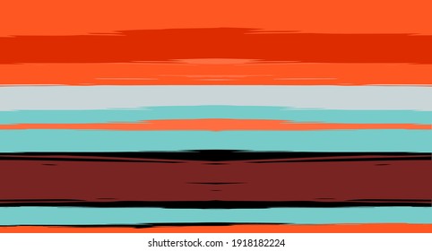 Orange, Brown Vector Watercolor Sailor Stripes Drawn Seamless Summer Pattern. Vintage Retro Grunge Fabric Fashion Design Horizontal Brushstrokes. Ink Painted Trendy Trace, Geometric Uneven Print