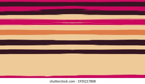 Orange, Brown Vector Watercolor Sailor Stripes Trendy Seamless Summer Pattern. Vintage Retro Grunge Fabric Fashion Design Horizontal Brushstrokes. Hand Painted Ink Lines, Geometric Track Prints